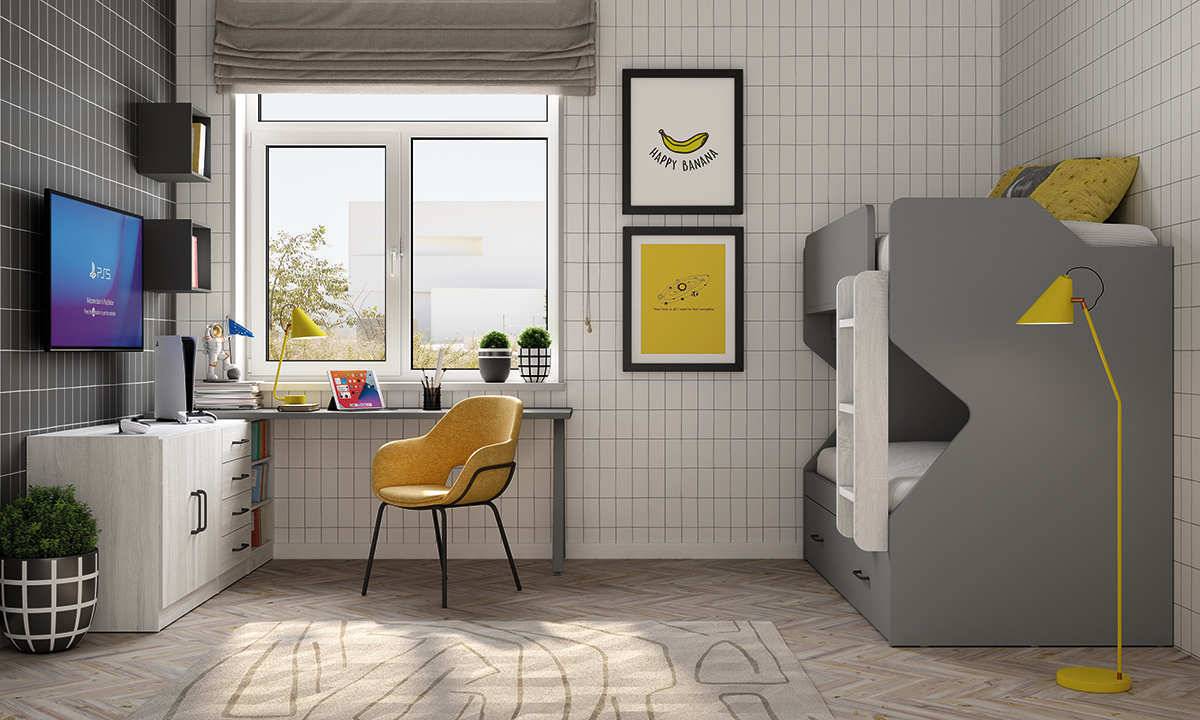 Habitacion Juvenil litera con somier-arrastre y escalera. Modelo LIDER-259