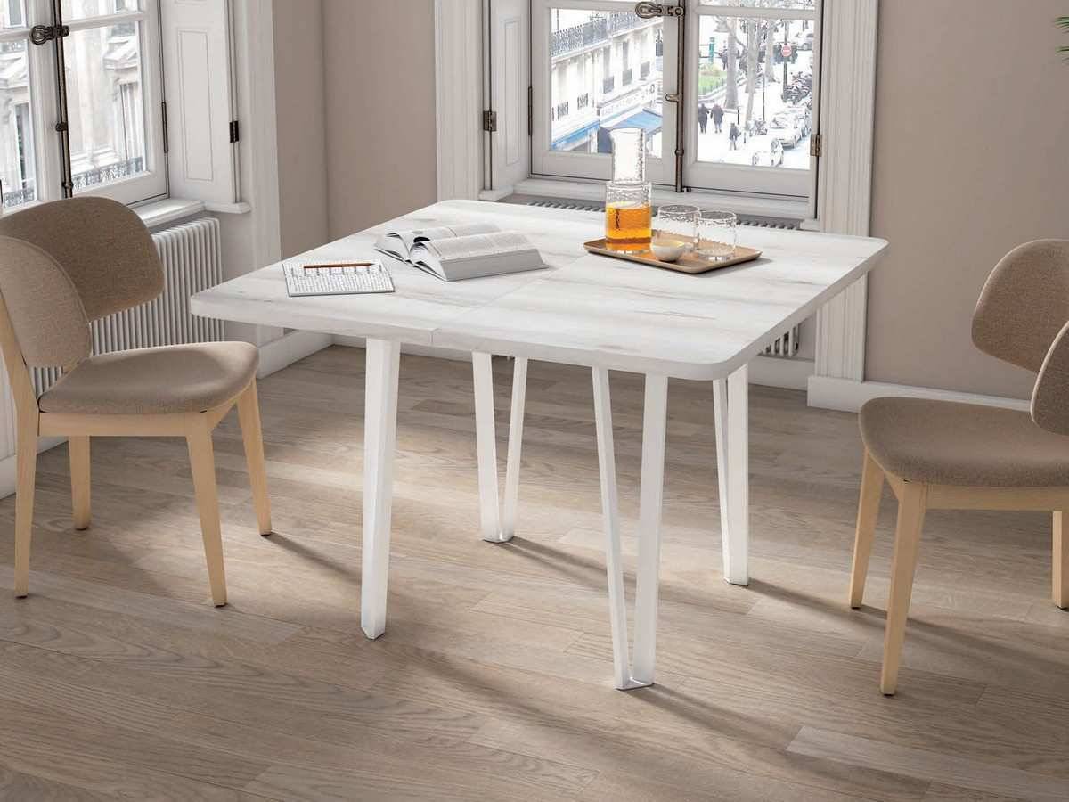 Mesa Comedor mesa code pata lume 100x100 cm.
				    medidas abierta:
• mesa 100 cm:
1 extensión: ancho 145 x fondo 100 cm.
• mesa 110 cm:
1 extensión: ancho 155 x fondo 110 cm.
apertura con guías sincro y extensión libro.
bastidor y patas metálicas color blanco o grafito. Modelo CODE-LUME-NOD