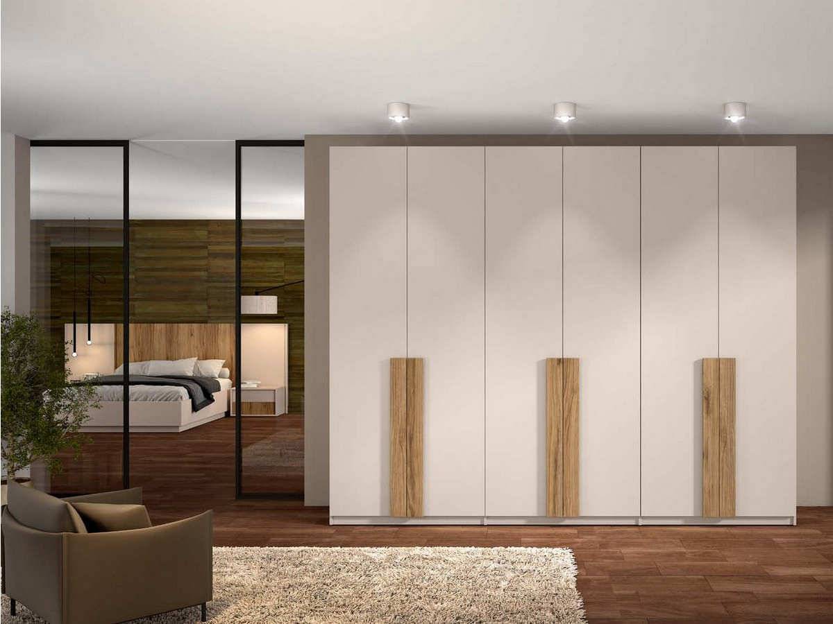  modelo de 6puertas batientes de 300cm  lisas en color blanco y tirador en   color madera natural rectangular largo. Modelo MEDITERRANEO-103