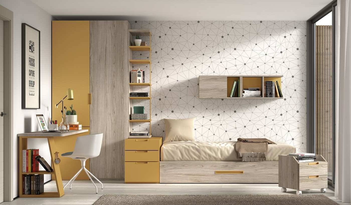 Habitacion Juvenil módulo base con somier de arrastre mas cajones apilables en 3 alturas. Modelo FORMAS-155