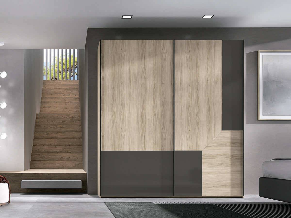  mueble armario de 220cm  con 2 puertas correderas colgadas estándar con un  original diseño bicolor de forma rectangular en las puertas y cajonera con 4 cajones en su interior. Modelo EOS-67