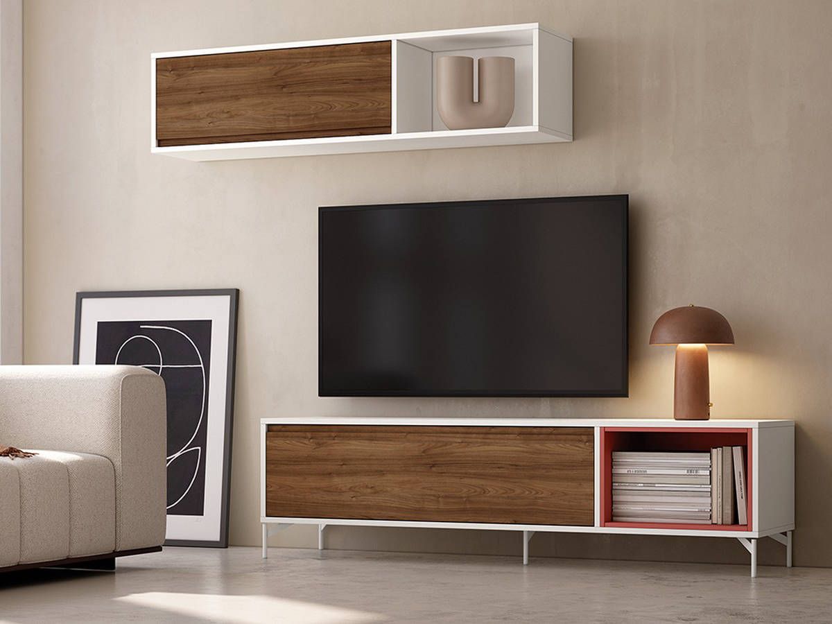  mueble tv blanco java terracota con módulos colgados. Modelo NOAH-47