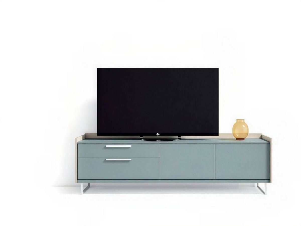  mueble tv modelo 511 en acabado california iris con tirador bold blanco, compuesto por módulos contenedor y abatibles con base metálica y travesaño de refuerzo. Modelo CUBIKABOLD-511