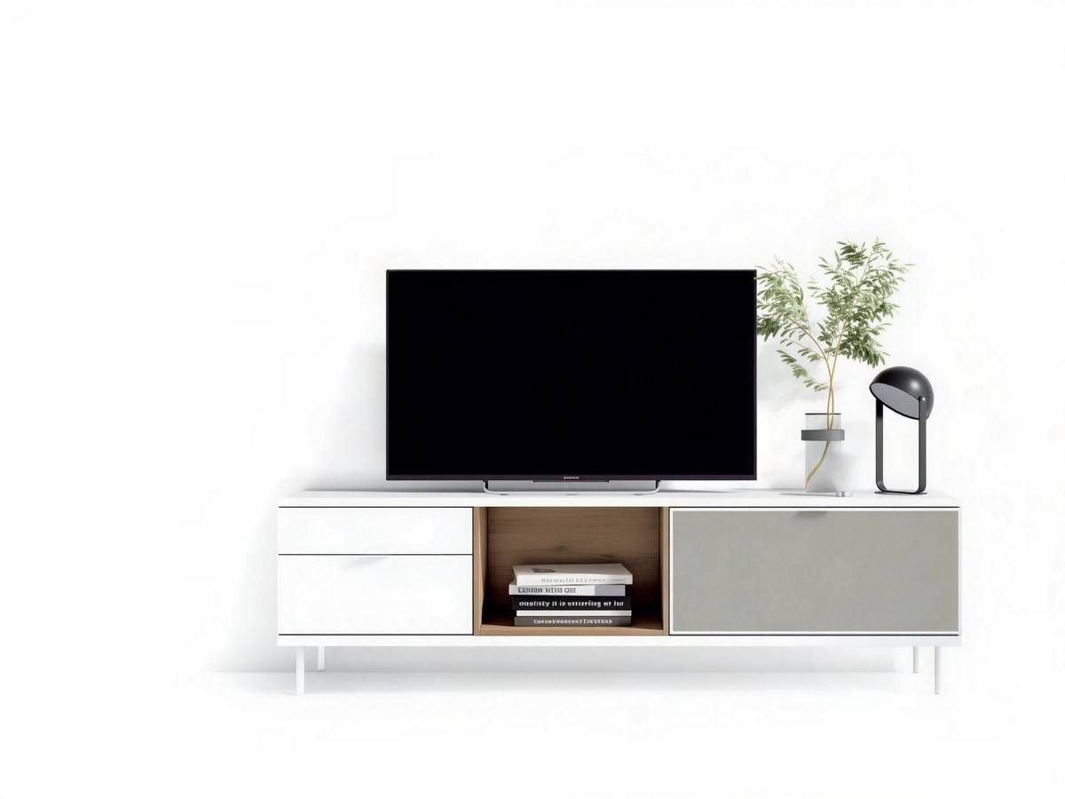  mueble tv modelo 512 con acabado blanco mate y naturale, tirador uñero blanco, combina módulos contenedor y hueco con puerta textil y base metálica. Modelo CUBIKABOLD-512
