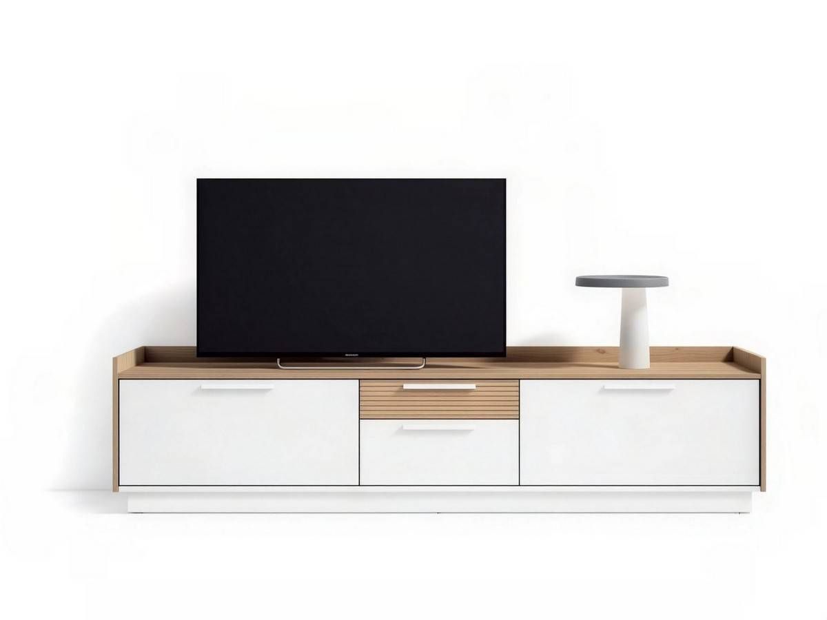  mueble tv modelo 513 en combinación blanco mate, naturale y rayado con tirador bold blanco. diseñado con módulos abatibles, contenedor central y zócalo alto. Modelo CUBIKABOLD-513