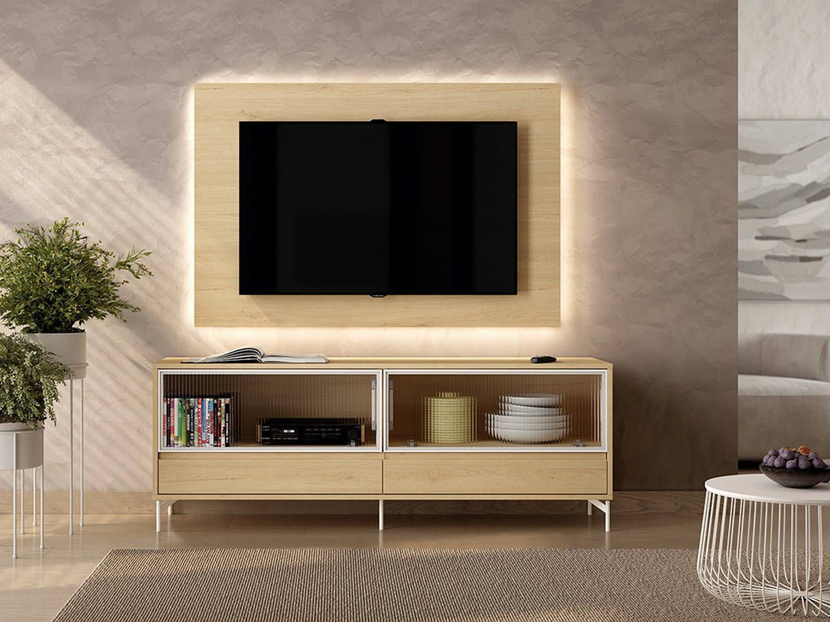  mueble tv roble 176cm con cristal olas y leds. Modelo NOAH-52