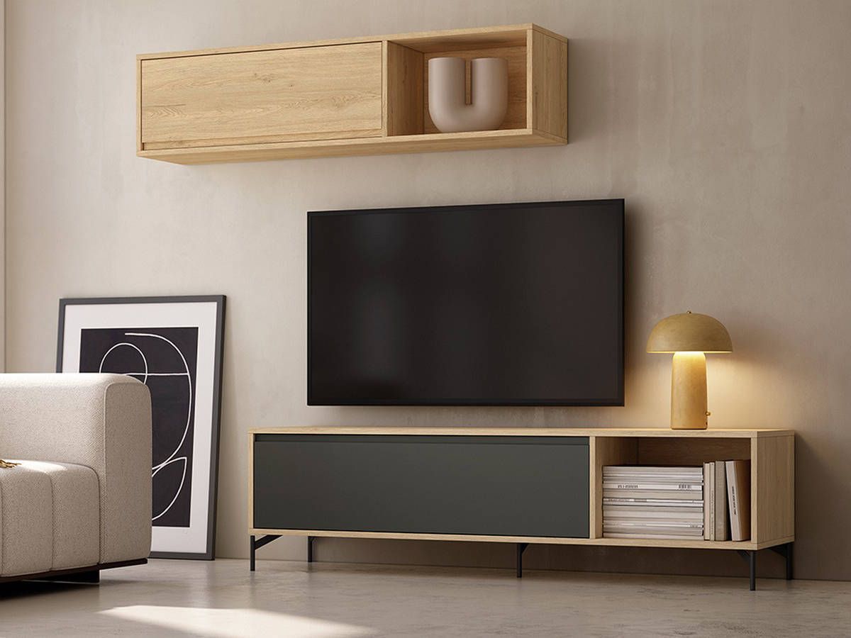  mueble tv roble y grafito con alto elevable. Modelo NOAH-19