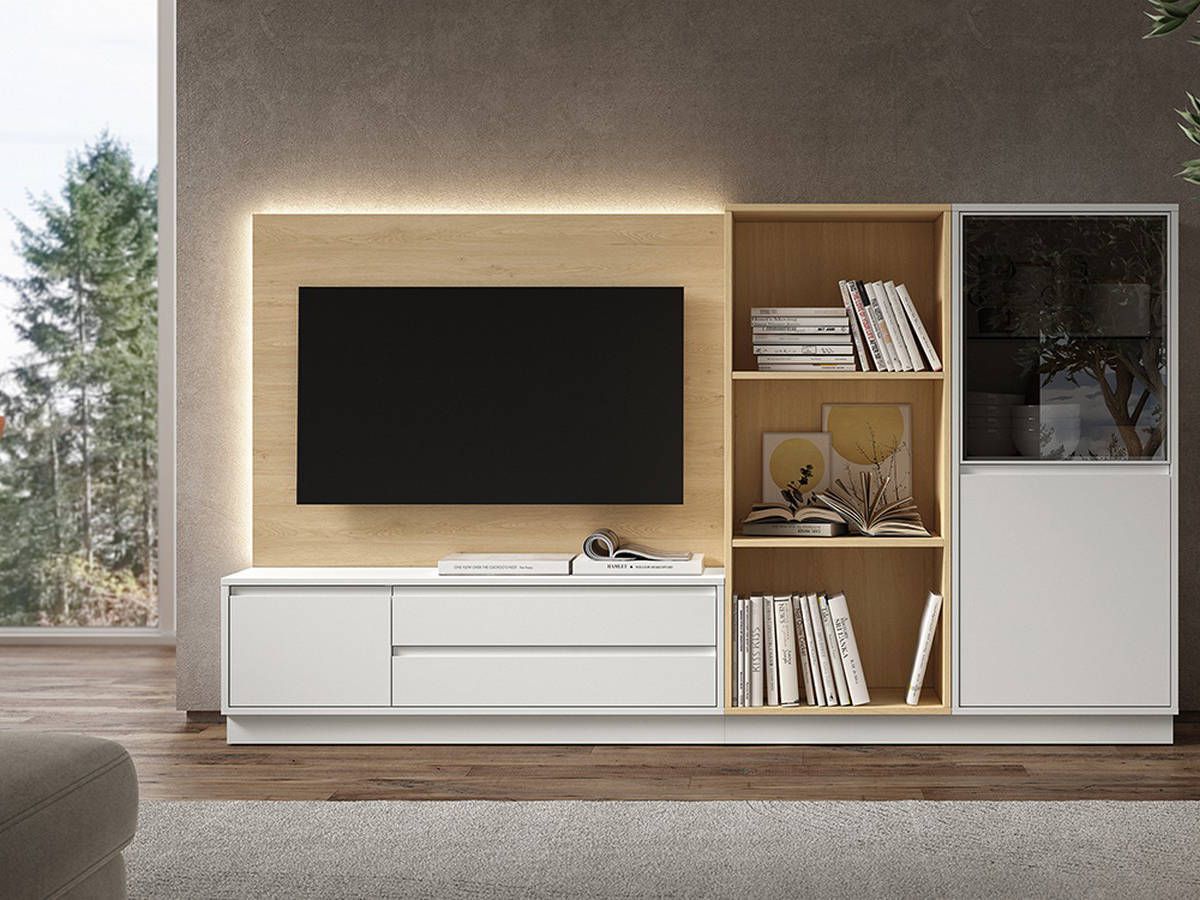  mueble salón blanco roble con vitrina y panel tv. Modelo NOAH-34