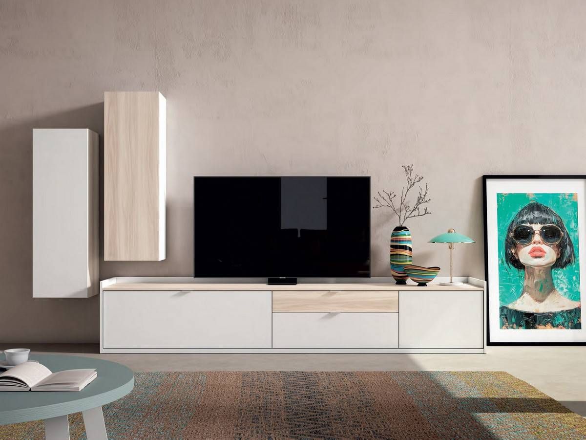  mueble de salón chill blanco mate california de 295 cm de ancho, con tirador uñero blanco y módulos verticales combinados para un diseño moderno y luminoso.. Modelo CUBIKABOLD-112