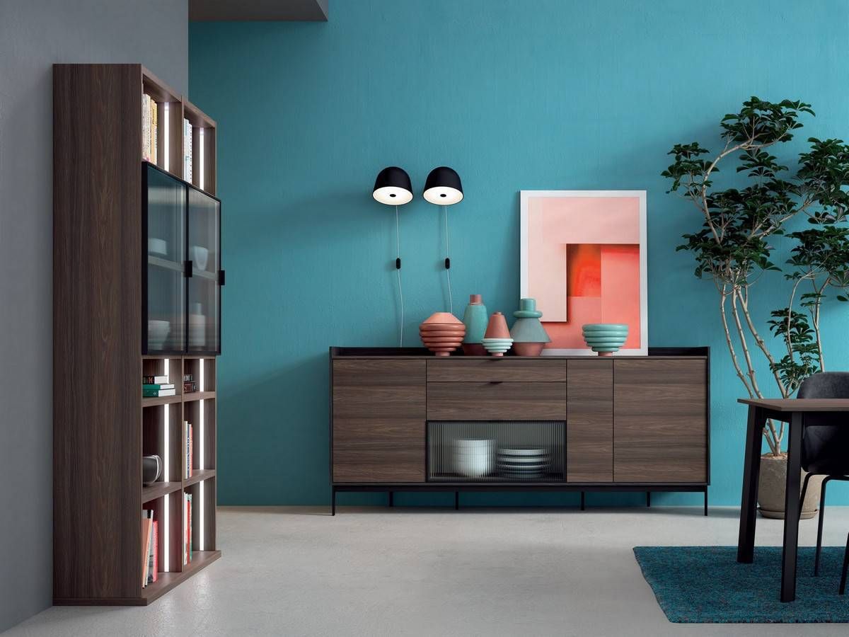  mueble de salón chill mistral bocamina de 223 cm de ancho, con tirador uñero grafito y detalles en cristal acanalado para un estilo moderno y elegante.. Modelo CUBIKABOLD-109