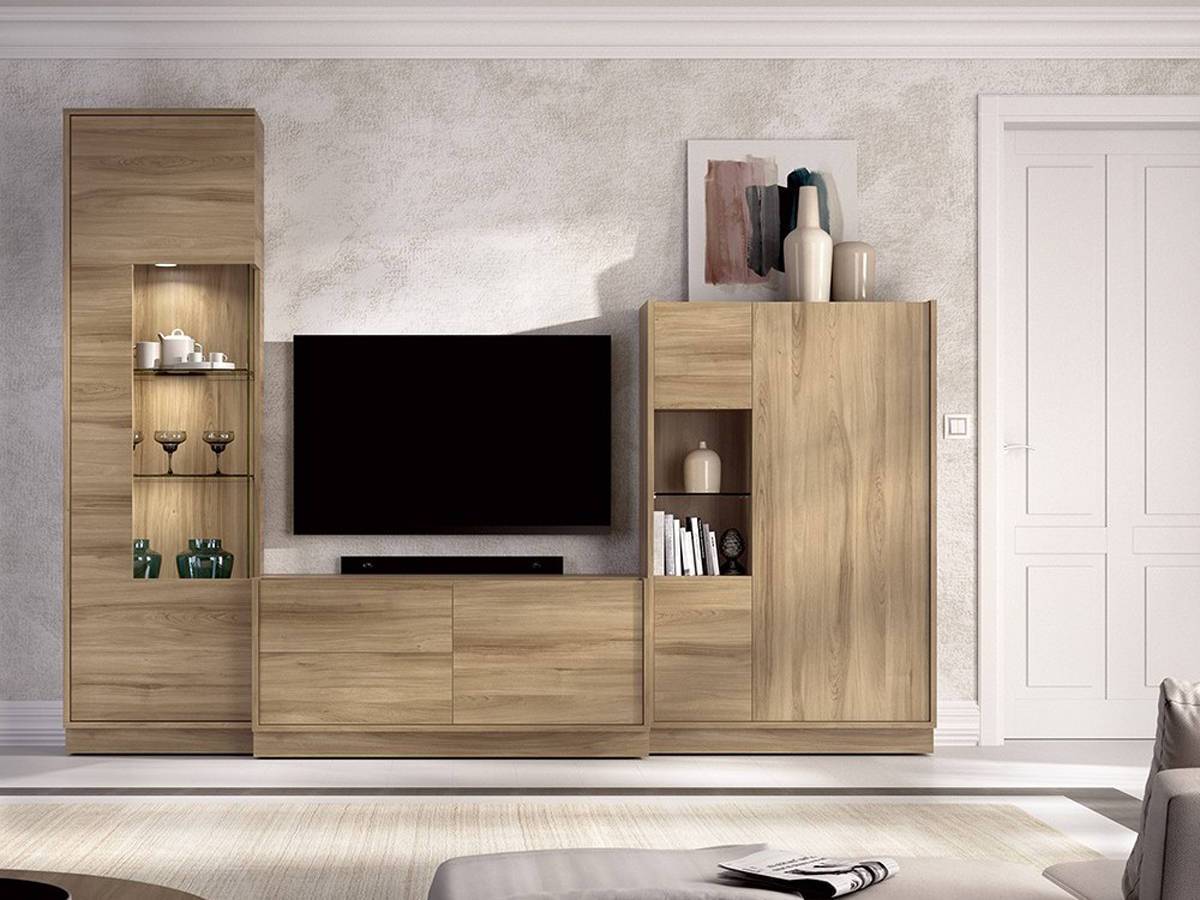  mueble de salón con vitrina de cristal y cajonera, ancho total de 257 cm.. Modelo NEWDUO-56