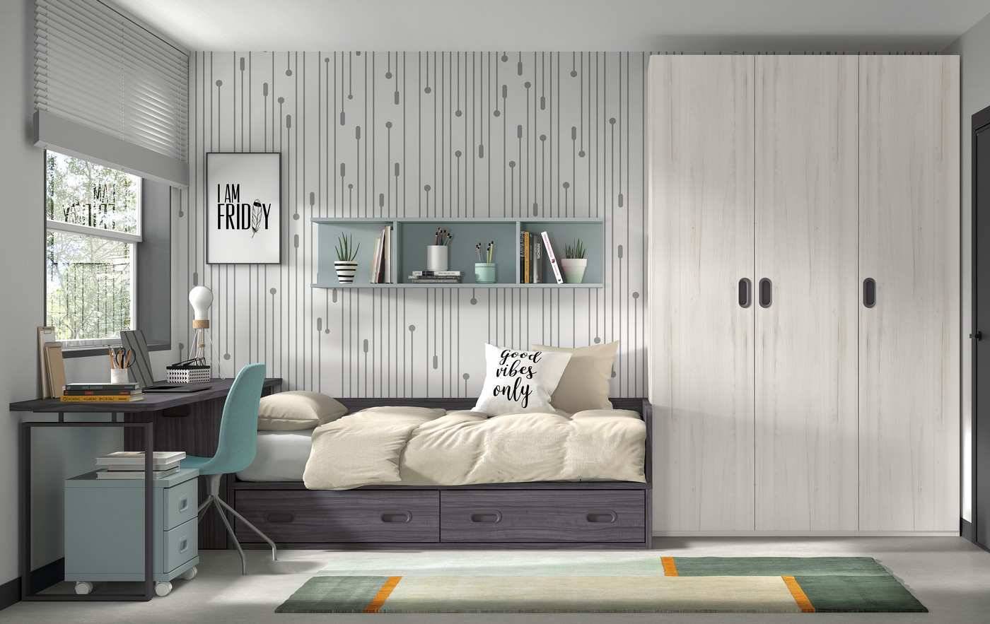 Habitacion Juvenil nido compacto con  base 30mm de grosor y módulo 2 baúles con corona alta. Modelo FORMAS-104