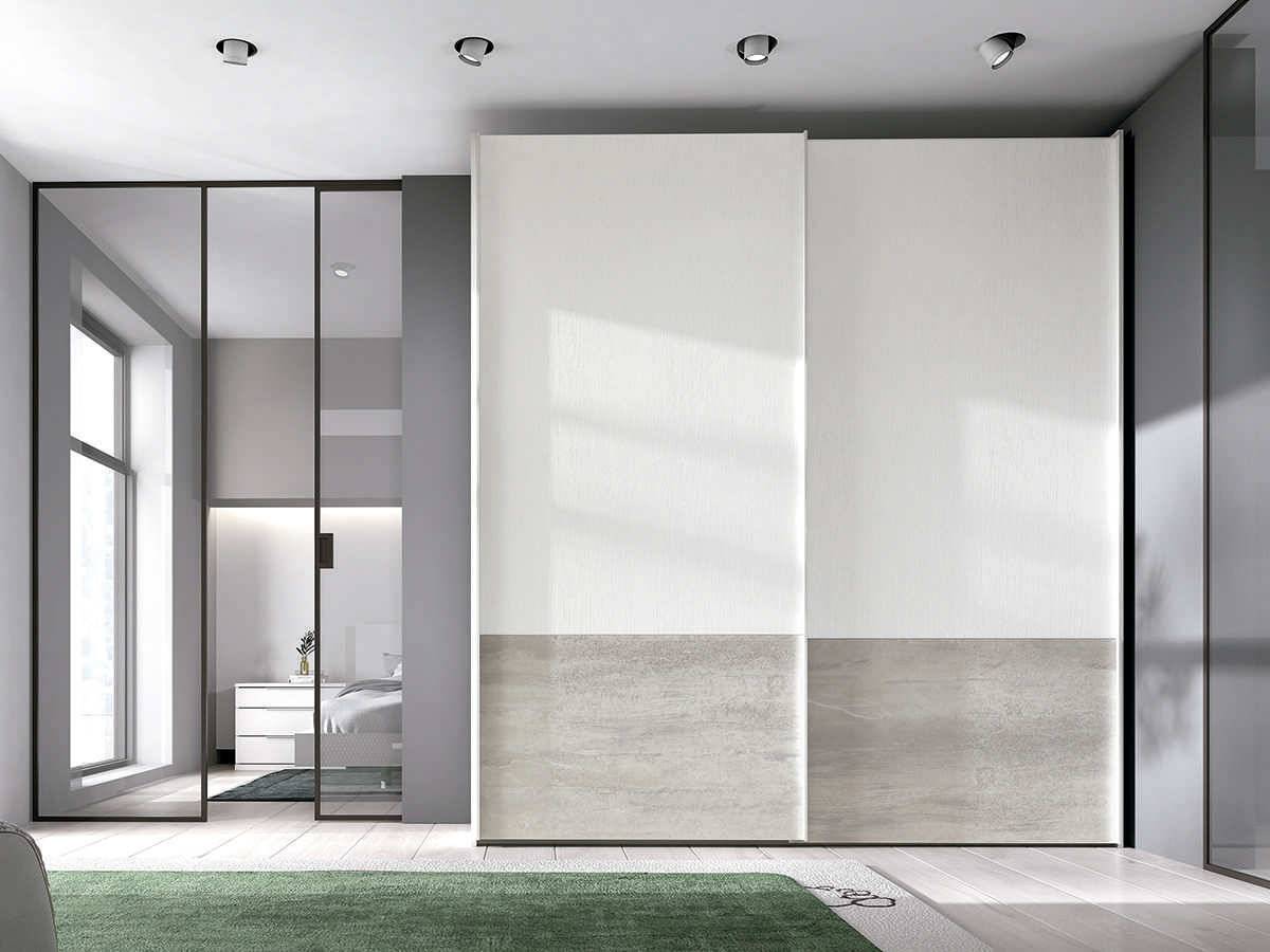  ropero de 2 puertas correderas colgadas de 220cm con  franja inferior decorativa en color natural y resto en color blanco. Modelo EOS-74