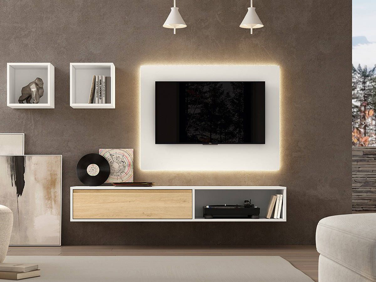  salón blanco roble colgado con panel tv y leds. Modelo NOAH-70