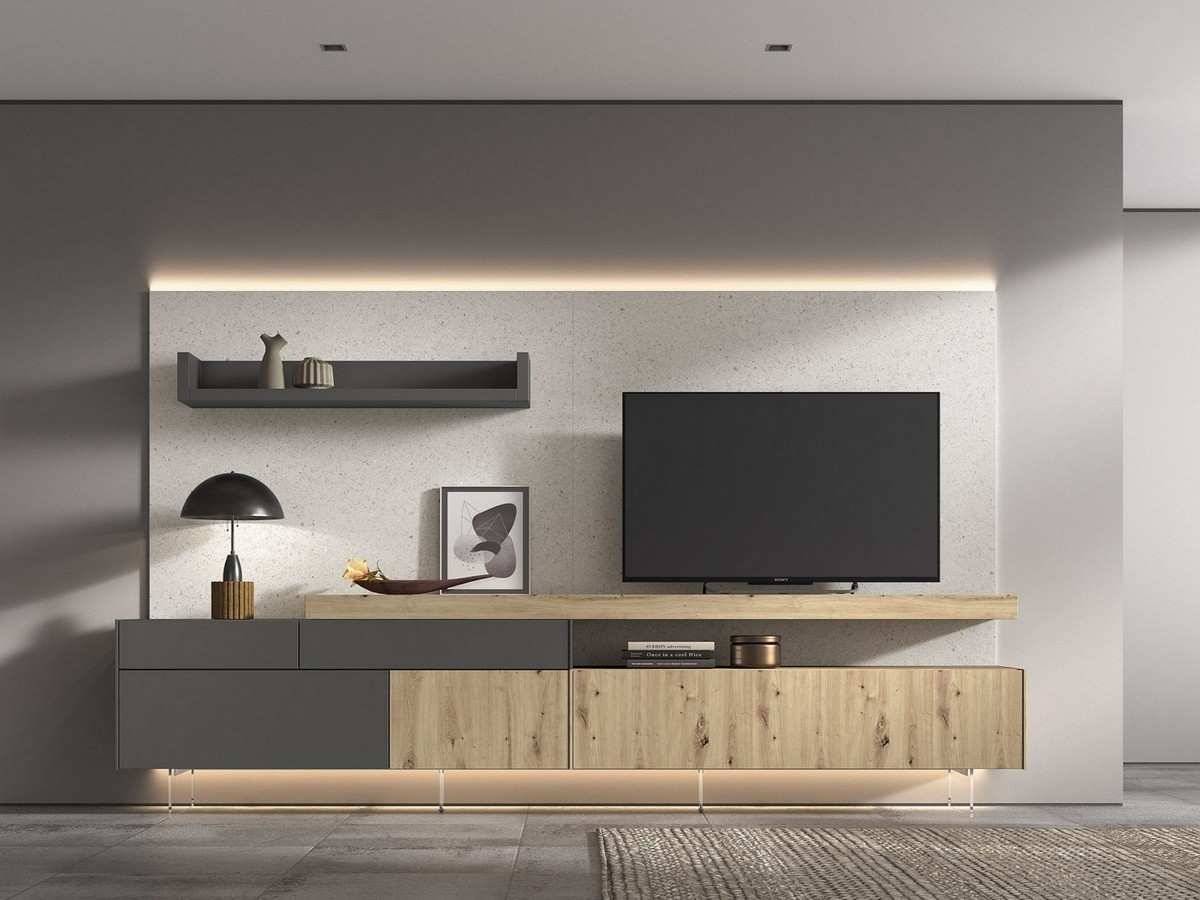  salon con mueble tv atamborado sobre patas de metacrilato y trasera a pared panelada . Modelo MUEBLE-SALON-NEW-ROYAL-20