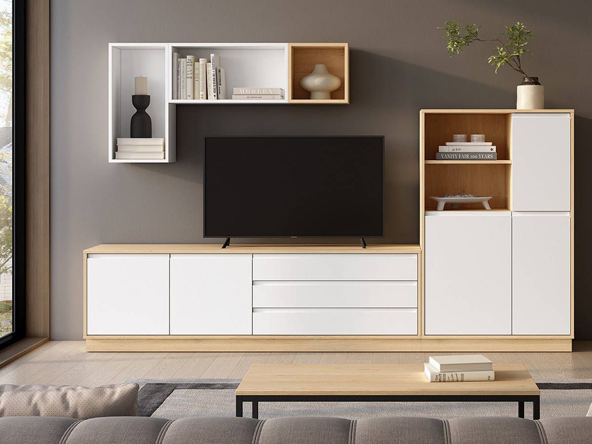  salón roble blanco con vitrina y módulos altos. Modelo NOAH-72