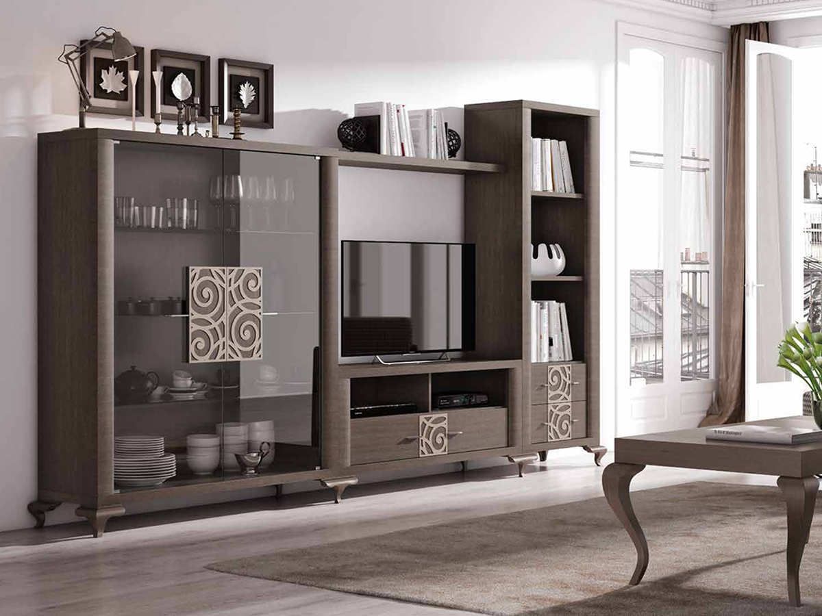  salón con vitrina alta y baja, mueble tv y estante, con patas isabelinas incluidas.. Modelo LM-BEKIA-27