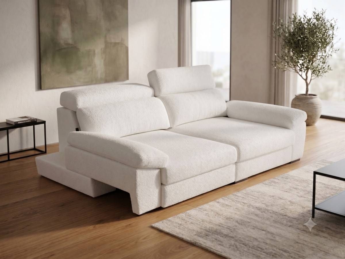  sofá chaise longue con asientos deslizante plus, viscoelástica, respaldos reclinables con cabezal italiano y brazos con arcón integrado para mayor confort y funcionalidad.. Modelo SOFA-EXTENSIBLE-PAU-HKR-288