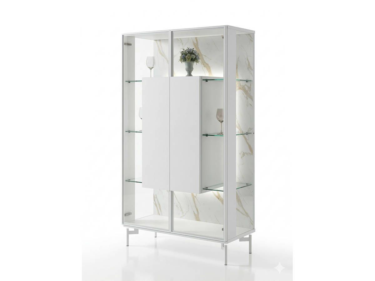  vitrina de cristal blanca con trasera efecto marmol. Modelo VITRINA-CRISTAL