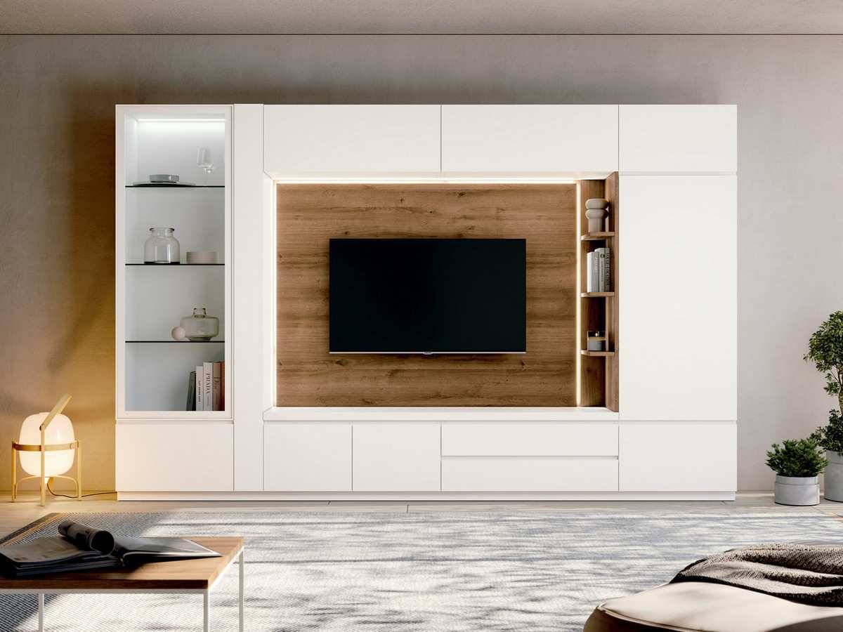  vitrina con estantes sin luz 75 x - zócalo  75  - zócalo  240  - módulo  puertas  90 x , - módulo cajones  90 x ,  - sobre  180  - módulos con puerta  90 x , - panel tv con luz  180 x - terminal con estantes  15 x  - módulo con puerta  60 x , - cristales templados - marcos metálicos. Modelo ARKO-16