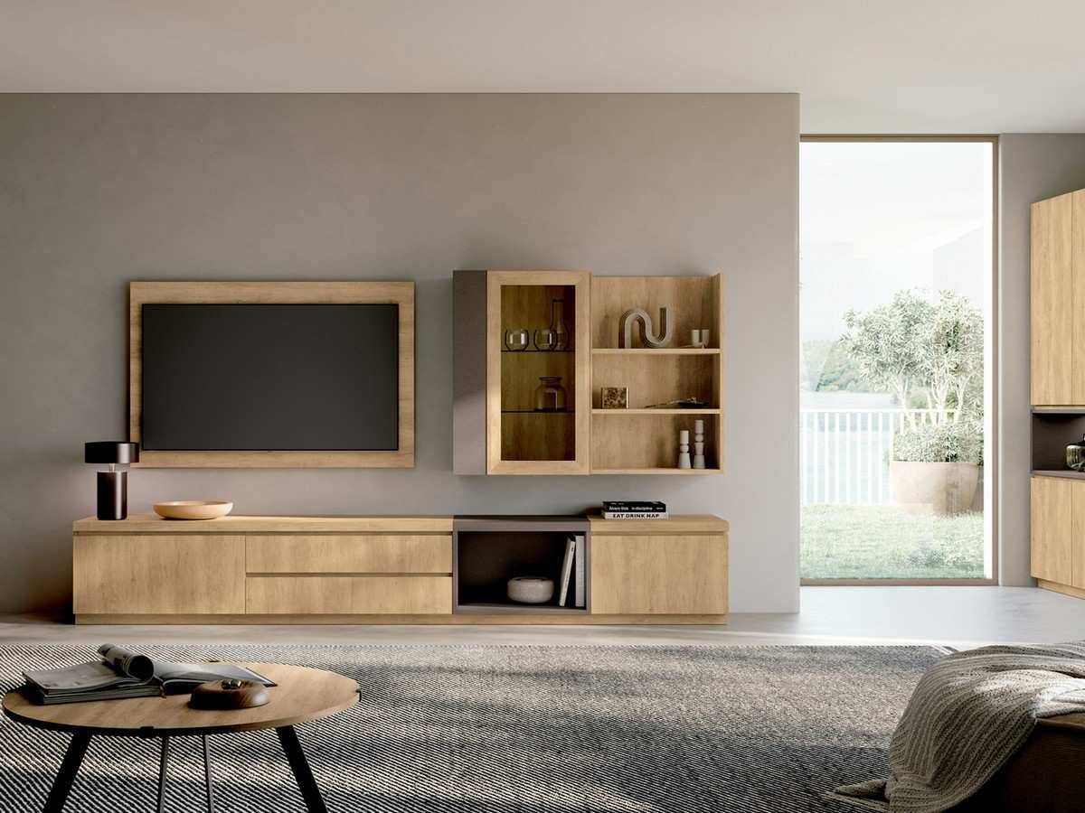  zócalo de 165  - módulo con puerta de 75 x , - módulo con  cajones de 90 x - sobre de 165  - zócalo de 120  - hueco de 60 x ,  - módulo con puerta de 60 x , - sobre de 60  - módulo estantes 15 x   - módulo vitrina de 45 x   - módulo estantes de 60 x   - marco madera de teka - cristal transparente. Modelo ARKO-22