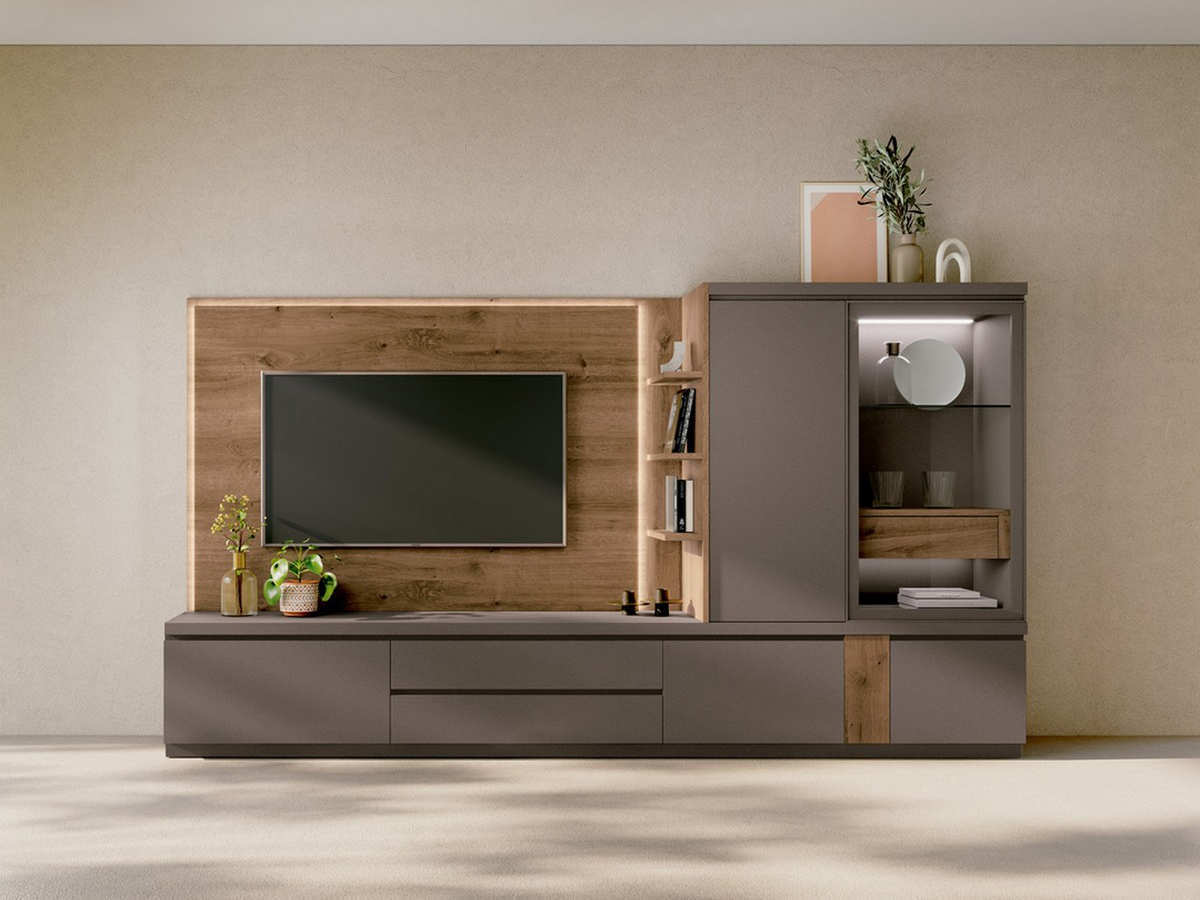  zócalo de 165  - módulo con puerta de 75 x , - módulo con  cajones de 90 x - sobre de 165  - panel para la tv con luz - zócalo de 120  - módulo con puerta de 60 x , - módulo con puerta y franja decorativa de - sobre de 120  - sobre de 105  - terminal con estantes de 15 x , - módulo alto con puerta de 45 x - módulo vitrina con estantes y sin luz - bisagras con cierre amortiguado - guías telescópicas para los cajones - iluminación led en el panel para la. Modelo ARKO-11, imagen 2