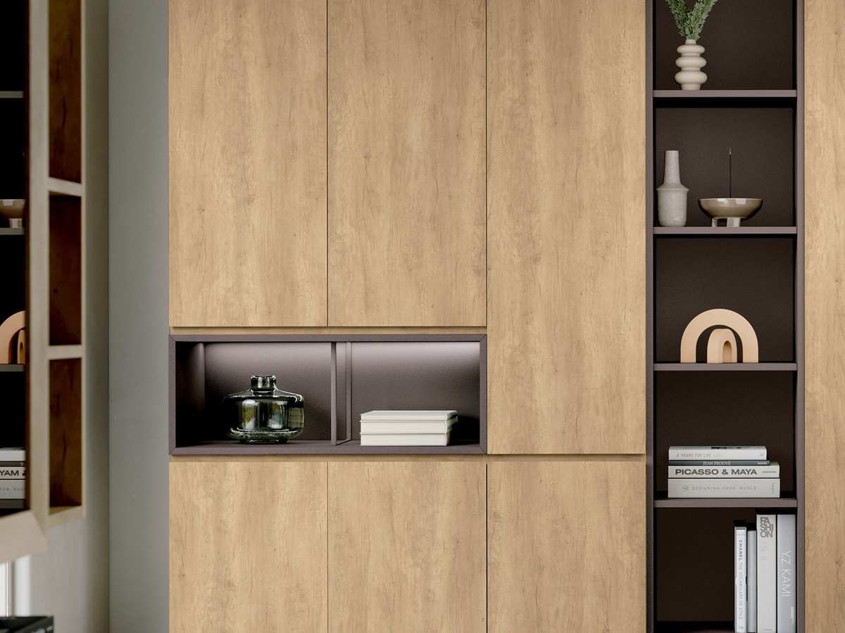  zócalo de 165  - módulo con puerta de 75 x , - módulo con  cajones de 90 x - sobre de 165  - zócalo de 120  - hueco de 60 x ,  - módulo con puerta de 60 x , - sobre de 60  - módulo estantes 15 x   - módulo vitrina de 45 x   - módulo estantes de 60 x   - marco madera de teka - cristal transparente. Modelo ARKO-22, imagen 2