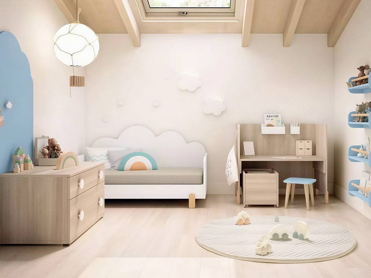 Habitacion Infantil cuna convertible con cabezal en forma de nube. Modelo BAMBOO-04, imagen 2