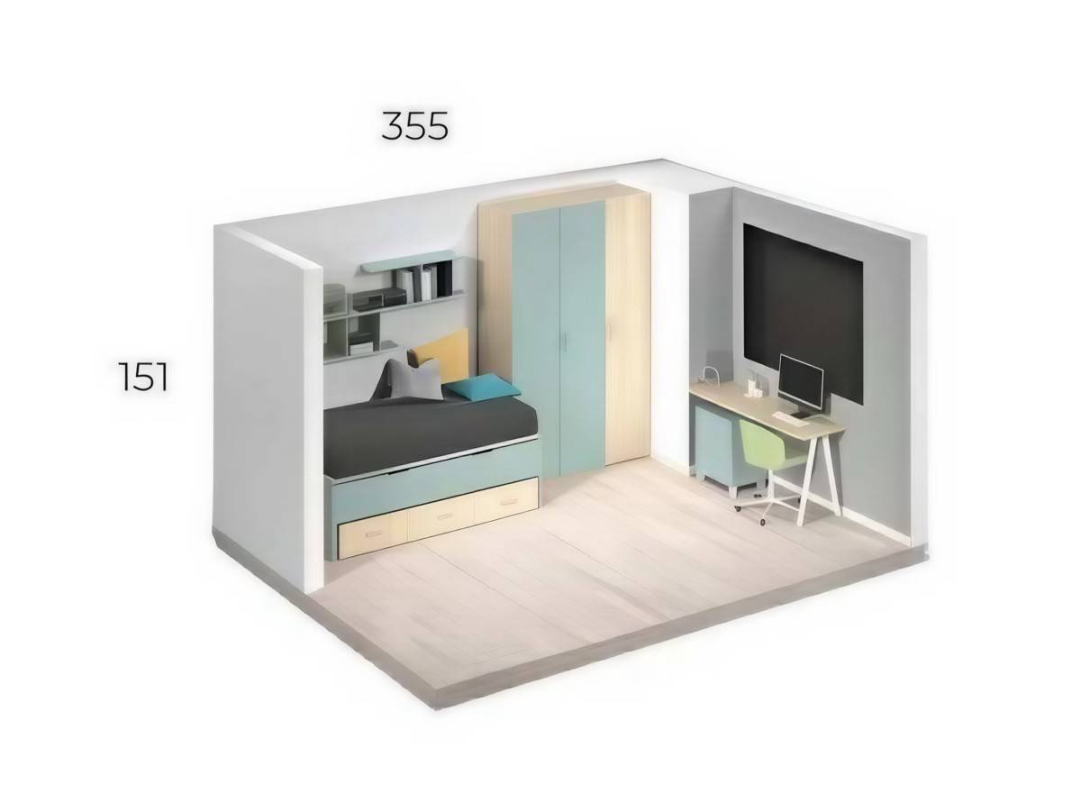 Habitacion Juvenil compacto bicama base 30 con nido oculto corona baja y módulo 3 contenedores. Modelo BASICWIN-01, imagen 7