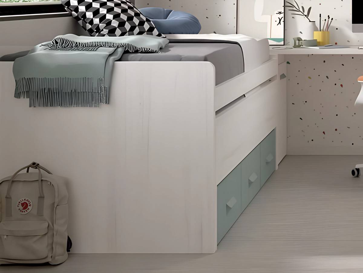 Habitacion Juvenil compacto basic largueros para nido brazo arcón derecho con nido oculto con ruedas 180 x 90 y módulo 3 contenedores. Modelo BASICWIN-06, imagen 3