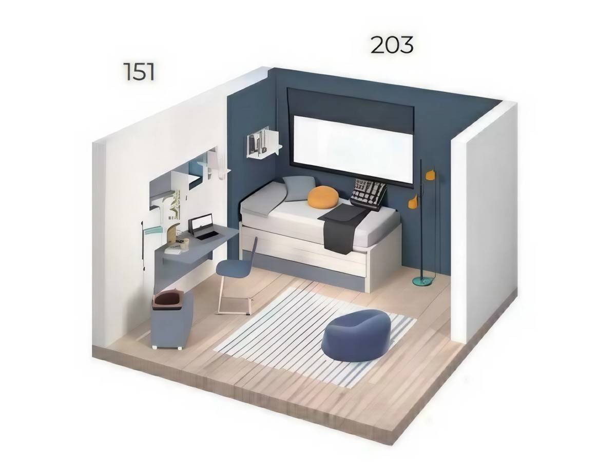 Habitacion Juvenil compacto basic  base 30 con nido oculto con ruedas 180 x 90 y 3 cajones bajos con corona. Modelo BASICWIN-07, imagen 8