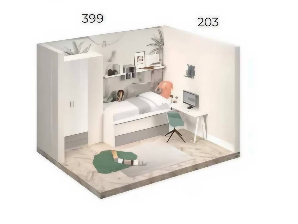 Habitacion Juvenil compacto basic largueros para nido arcón derecho  con nido oculto con ruedas 180 y módulo 3 contenedores. Modelo BASICWIN-12, imagen 6