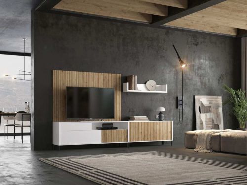 Mueble de salón con panel listonado, 283 cm, en elegante blanco.