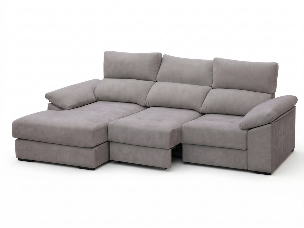  chaise longue extensible con respaldo reclinable de 280x155 cm, con opción de arcón.
desenfundable, convertible en cama, con espuma de 30 kg de densidad y cabezal, riñonera y brazos en floca.. Modelo CHAISE-CARRO-EXTENSIBLE-CATO-MS, imagen 2