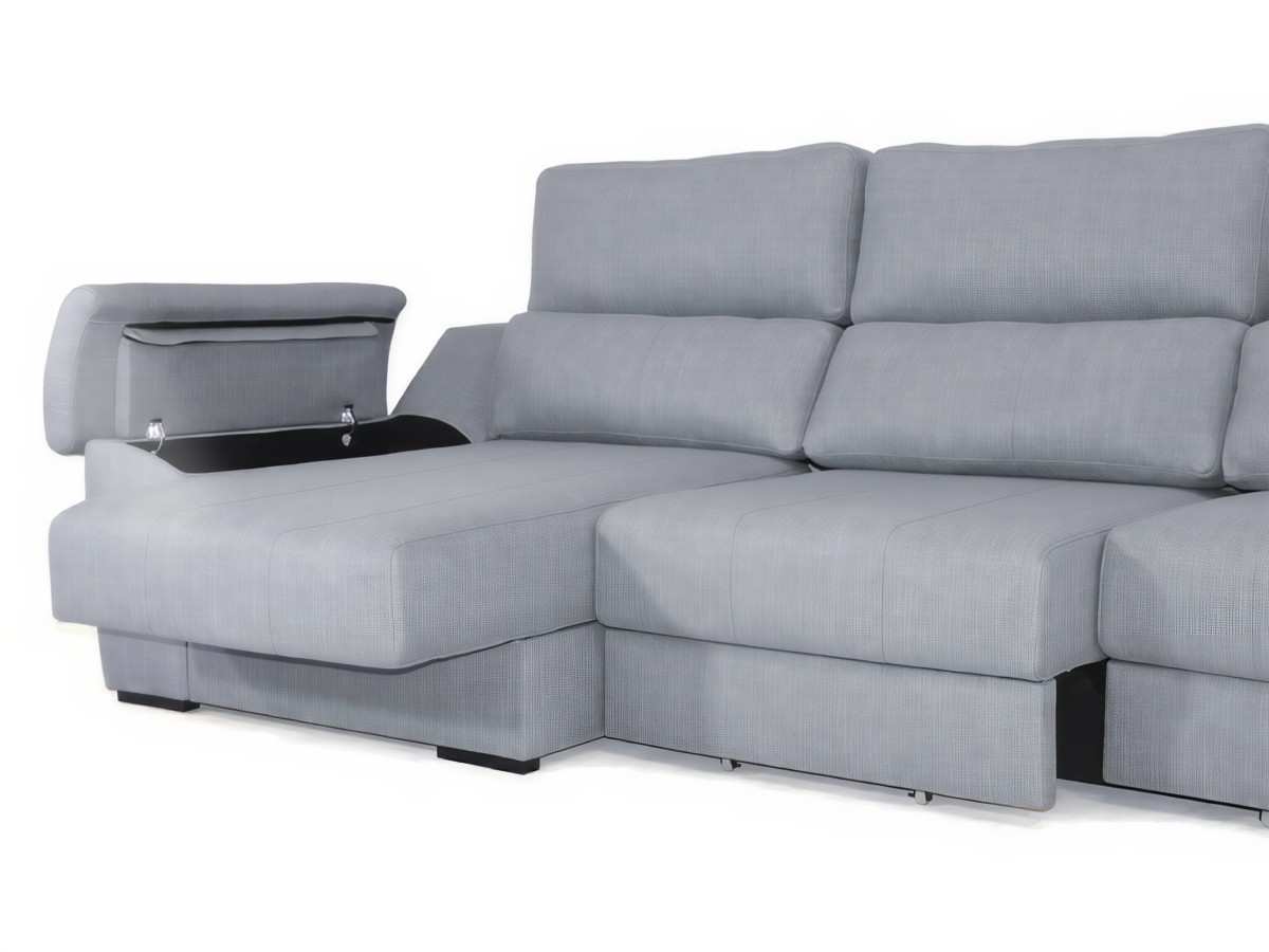  sofá chaise de 296 cm con asientos extensibles y arcón hidráulico deslizante en chaise con patas de madera beige.. Modelo CHAISE-VALKIRIA-FTR, imagen 3