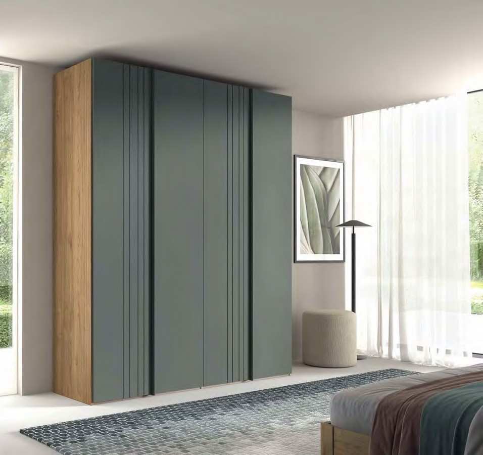  armario en acabado siena con armazón de 4 puertas batientes   240x201 cm compuesto por 2 puertas lisas con perfil de 240x49 cm en acabado musgo y 2 puertas con diseño de líneas de 240x49 cm   . Modelo ECLIPSE-56, imagen 1