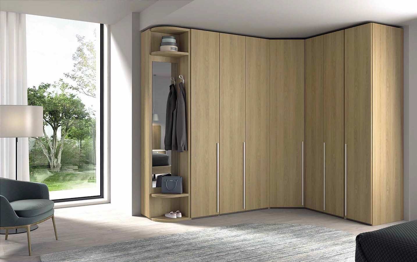  conjunto modular en acabado nature con terminal zapatero de 240 cm, armazón de 3 puertas  batientes   240x151 cm rincón plegable derecho de 240 cm y armazón de 1 puerta  240x51 cm incluye puertas lisas con y sin tirador, y 2 puertas plegables derecha de 240 cm.   . Modelo ECLIPSE-60, imagen 1