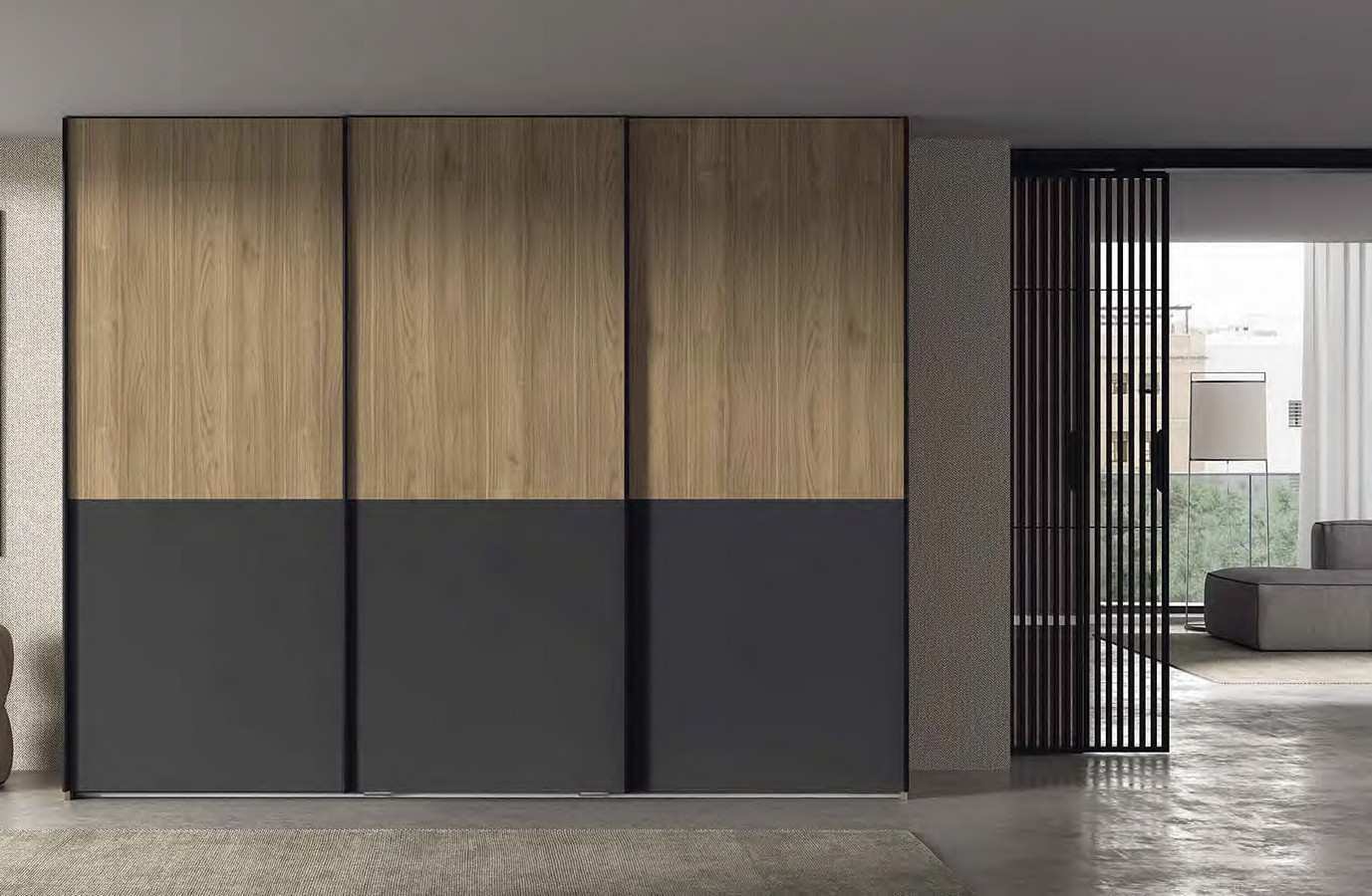  armario correderas colgado en acabado siena-carbono con armazón de 243x300 cm, equipado con tres puertas mixtas de 240 cm: una puerta interior izquierda, una puerta exterior central y una puerta interior derecha   . Modelo ECLIPSE-77, imagen 1