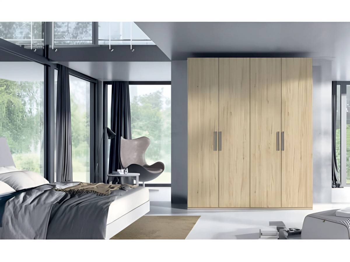  armario ropero de 4puertas batientes lisas con gran capacidad en color natural madera y tirador estandar central con acho total de 200cm. Modelo EOS-59, imagen 2