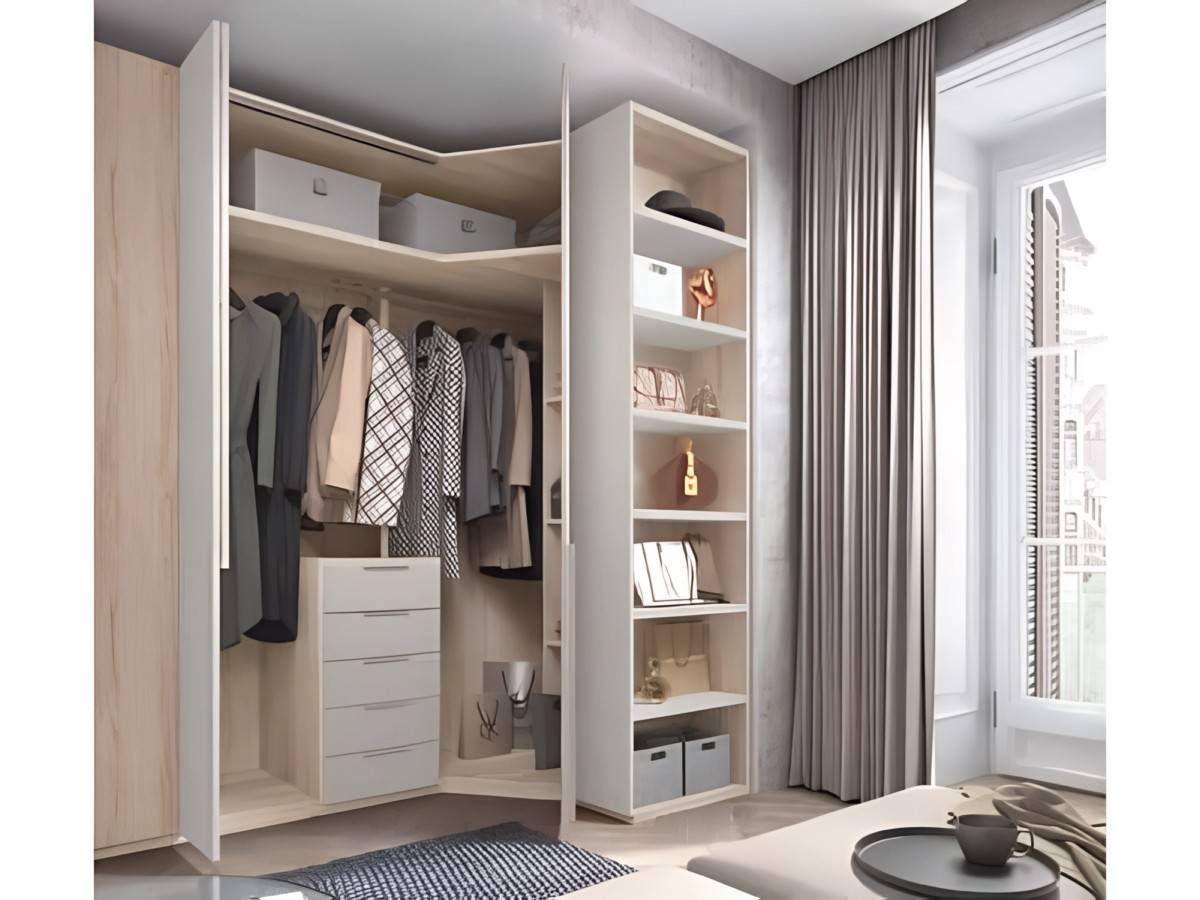  impresionante vestidor rincon de 380cm que maximimiza el almacenamiento del vestuario combinando 7puertas batientes y cajones con estanteria terminal diafana en la esquina. Modelo EOS-63, imagen 3