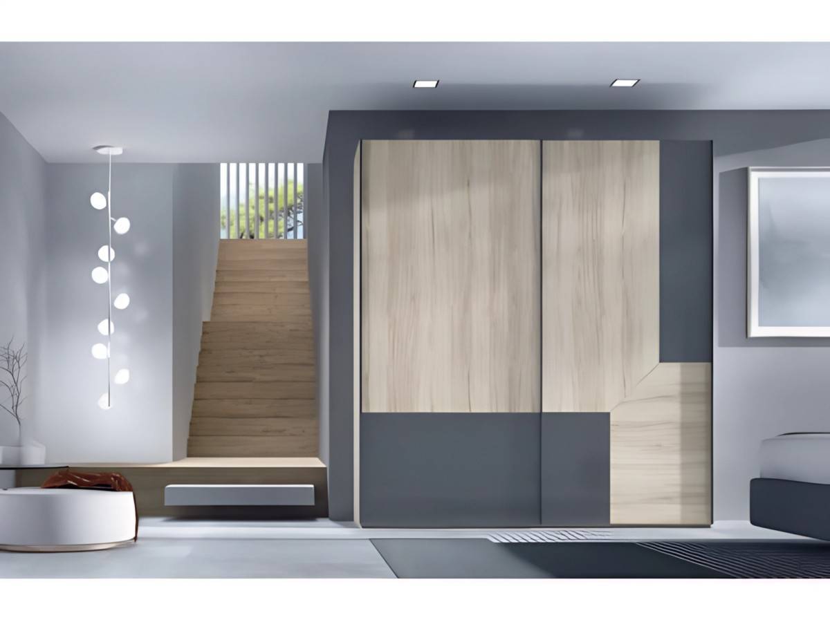  mueble armario de 220cm  con 2 puertas correderas colgadas estándar con un  original diseño bicolor de forma rectangular en las puertas y cajonera con 4 cajones en su interior. Modelo EOS-67, imagen 2