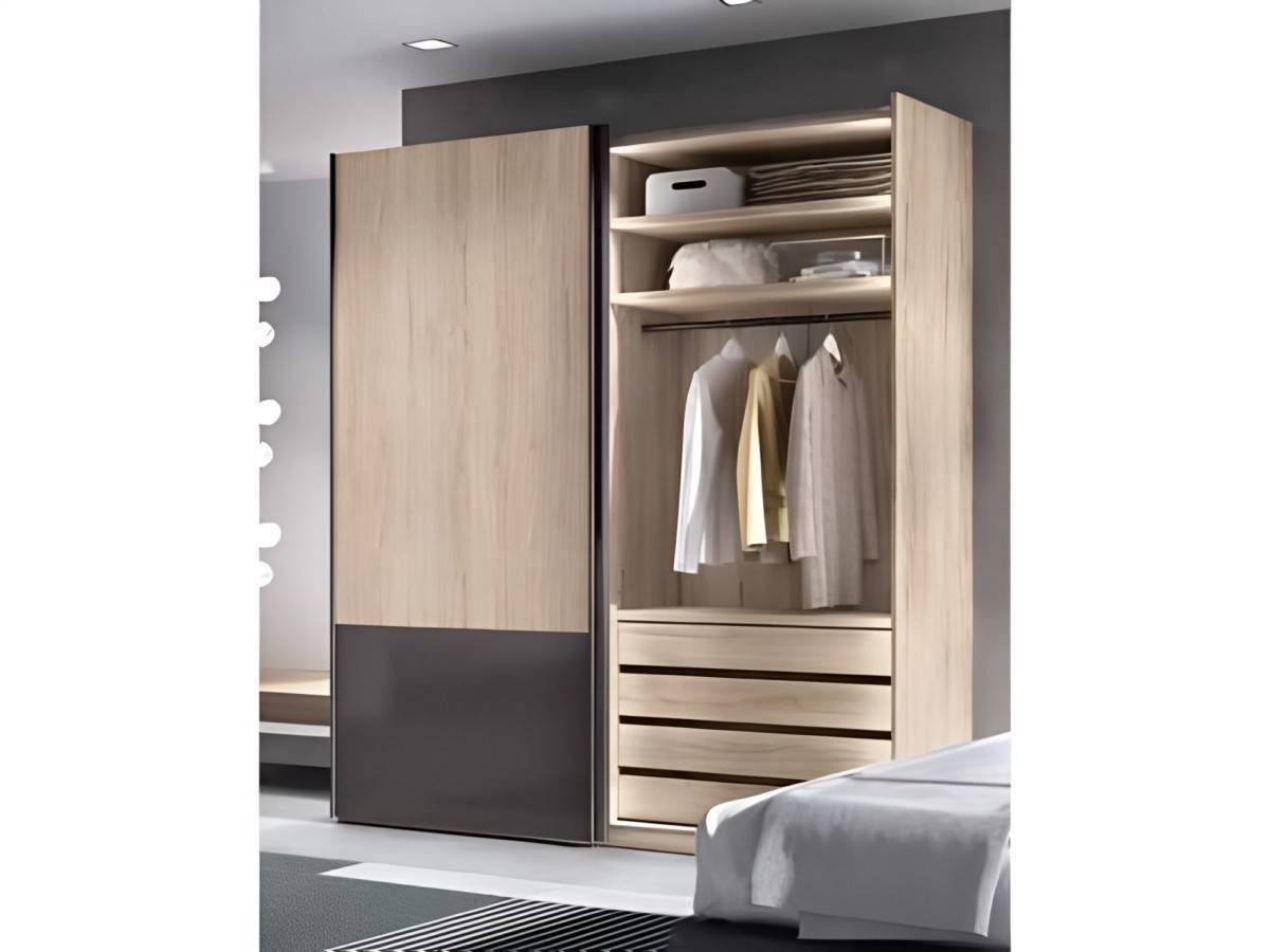  mueble armario de 220cm  con 2 puertas correderas colgadas estándar con un  original diseño bicolor de forma rectangular en las puertas y cajonera con 4 cajones en su interior. Modelo EOS-67, imagen 3