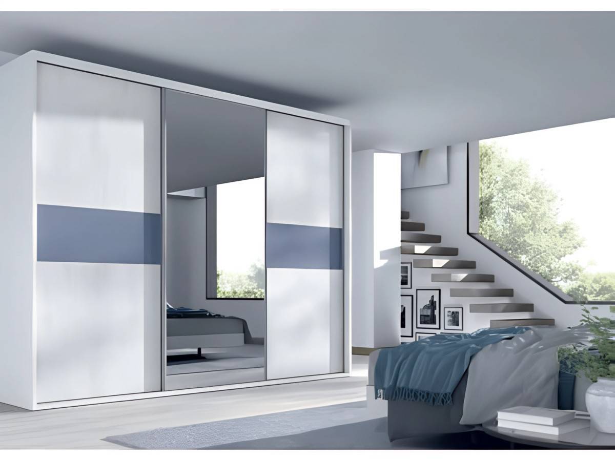  mueble ropero que destaca por su diseño práctico y espacioso. con 3puertas correderas 300cm embutidas que se apoyan sobre una guía en el suelo y espejo. Modelo EOS-68, imagen 2
