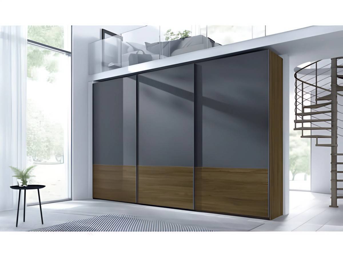  armario 3puertas correderas colgadas estándar de 300cm con diseño combinado en color madera en parte inferior y franja superior de las puertas con acabado en  lacado. Modelo EOS-71, imagen 2