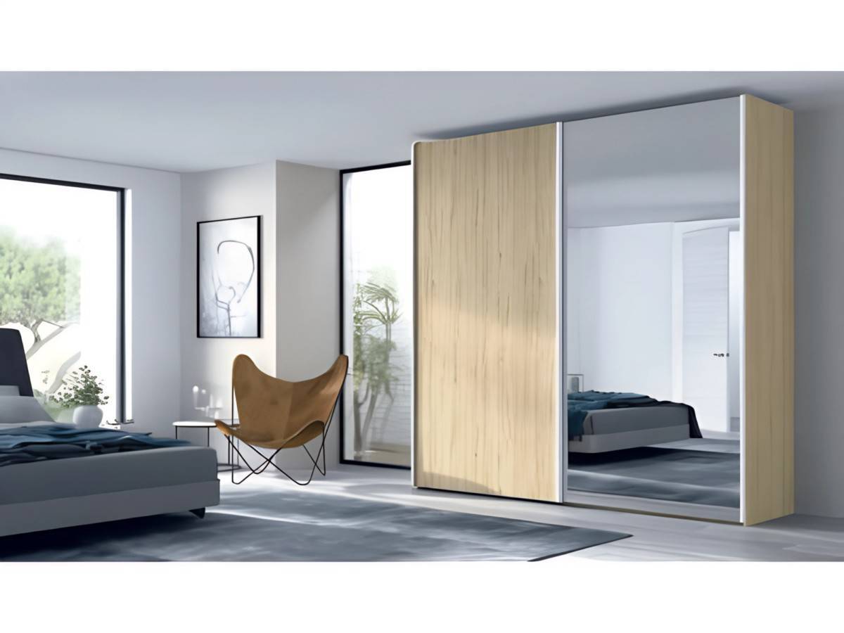  armario de 2 puertas correderas colgadas estándar de 220cm con puerta izquierda en color madera y puerta derecha  con luna espejo y tiradores en marco perfil. Modelo EOS-73, imagen 2