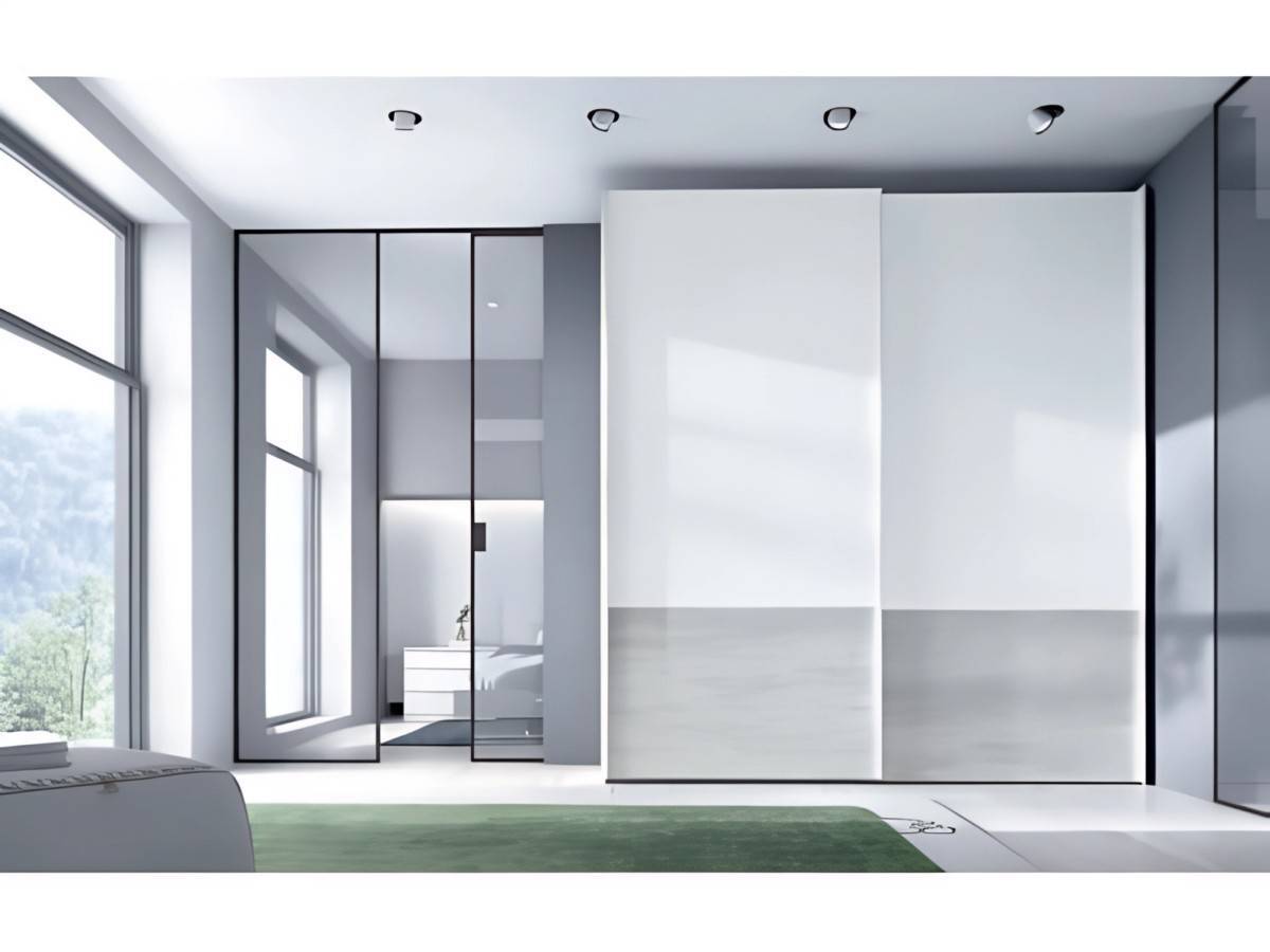  ropero de 2 puertas correderas colgadas de 220cm con  franja inferior decorativa en color natural y resto en color blanco. Modelo EOS-74, imagen 2