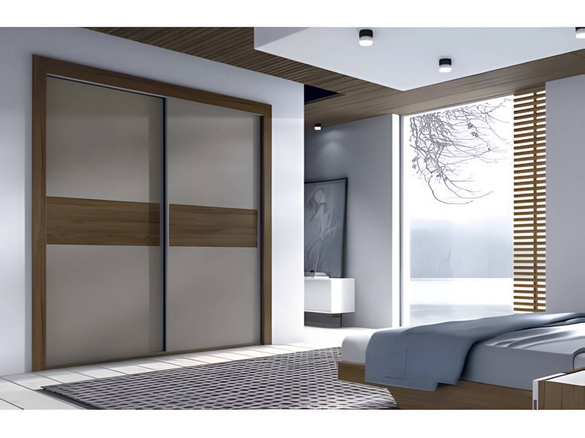  modelo de 2 puertas correderas de 220cm sobre guia al suelo y empotrado con cerramientos a pared mediante listones jamba  y puertas con  paneles lacados y franja horizontal central. Modelo EOS-82, imagen 2