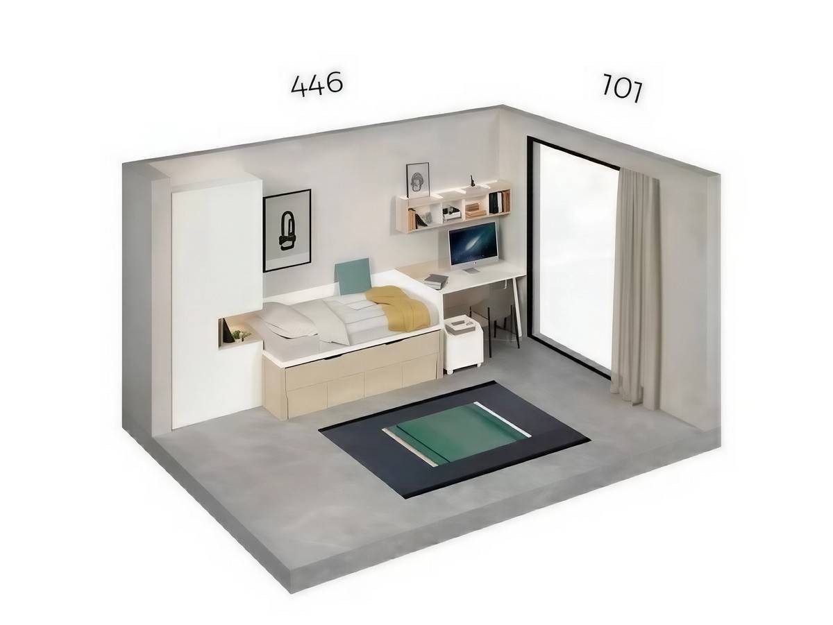 Habitacion Juvenil compacto doble   base 30 con nido oculto con ruedas y 4 cajones bajos con corona alta. Modelo FORMAS-011, imagen 5