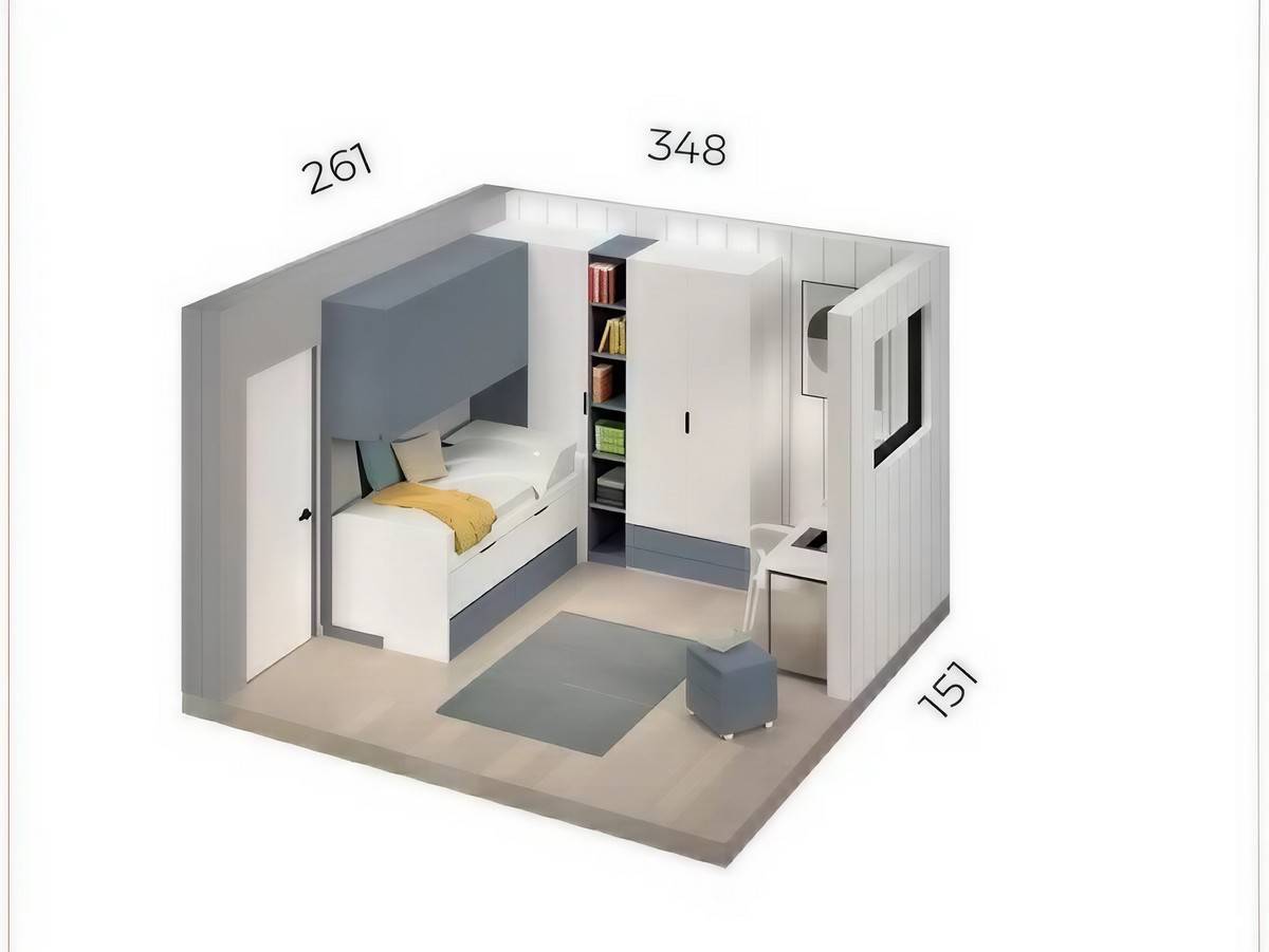Habitacion Juvenil compacto bicama base 20 con nido oculto con ruedas y módulo 4 contenedores. Modelo FORMAS-014, imagen 4