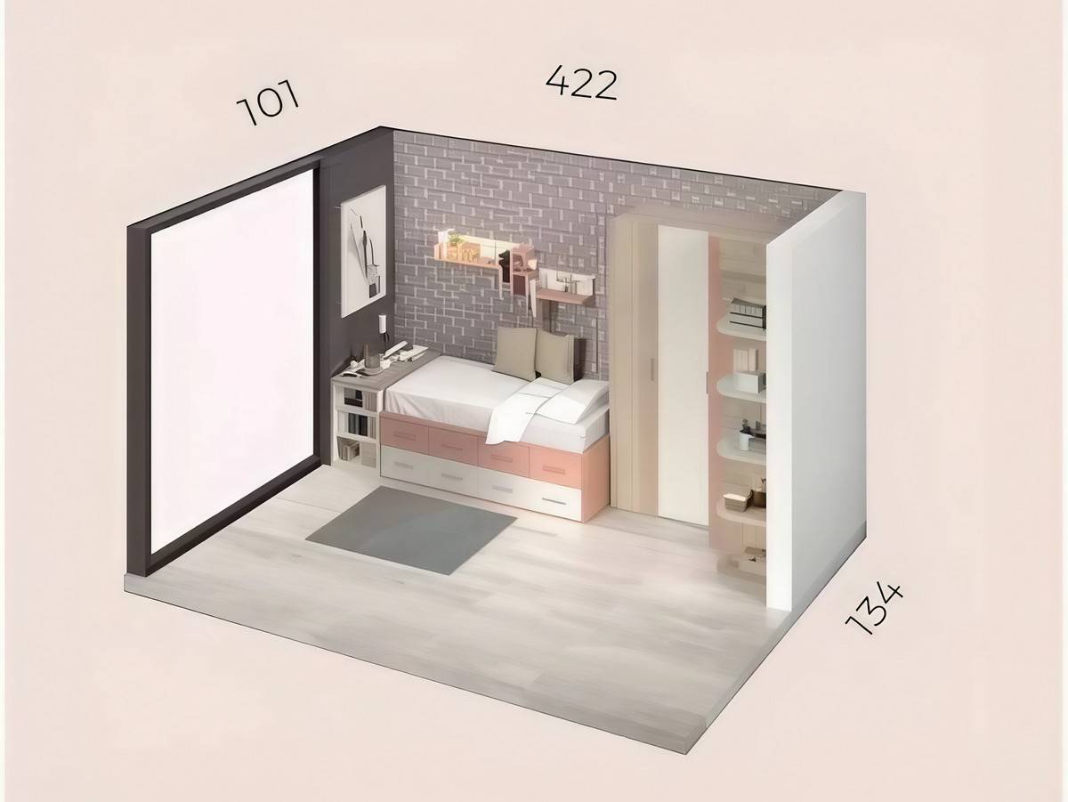 Habitacion Juvenil compacto  base 30 con 4 contenedores y 2 baúles. Modelo FORMAS-022, imagen 3